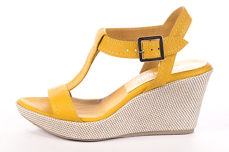 Mustard yellow women's fully open sandals, with an instep strap. Round toe. High wedge soles. Profile view - Florence KOOIJMAN